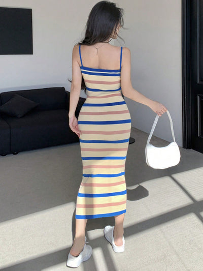 Sunny Days Ahead: Stripe Ribbed Knit Spaghetti Strap Dress