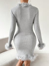 Cozy Elegance: Fuzzy Detail V-Neck Long Sleeve Sweater Dress