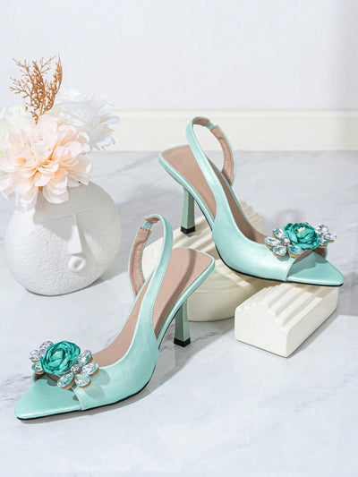 Sparkling Blooms: Rhinestone Decorated High Heel Sandals