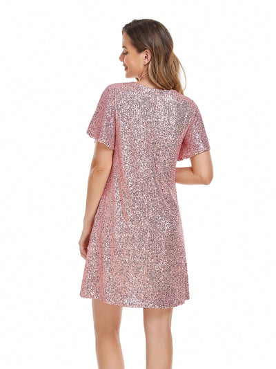 Glamorous Sequin V-Neck Dress with Flounce Sleeves