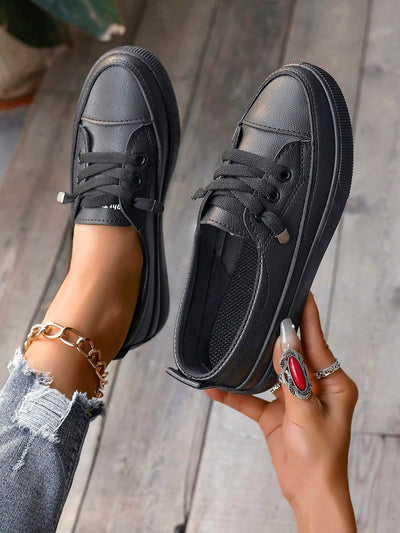 Chic and Comfortable: Women's Sporty Slip-On Shoes with Contrast Binding Design and Lace-Up Front Sneakers