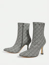 Chic and Stylish Grey Plaid Embroidered High Heeled Short Boots - Perfect for a Fashion Forward Look!