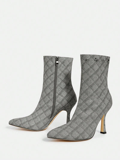 Plaid Perfection: Women's Grey Plaid Embroidered Ankle Boots