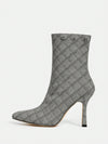 Chic and Stylish Grey Plaid Embroidered High Heeled Short Boots - Perfect for a Fashion Forward Look!