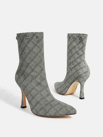 Chic and Stylish Grey Plaid Embroidered High Heeled Short Boots - Perfect for a Fashion Forward Look!