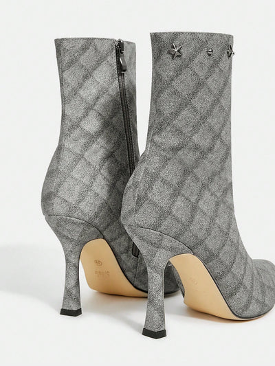 Chic and Stylish Grey Plaid Embroidered High Heeled Short Boots - Perfect for a Fashion Forward Look!