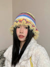 Boho Chic: Vintage Rainbow Stripe Woolen Hat with Ruffle Edge