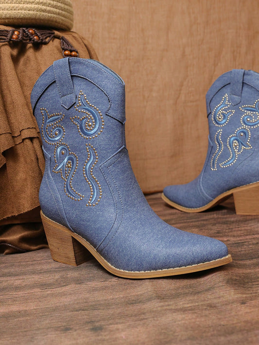 European Elegance: Chic Women's Floral Mid Calf Boots