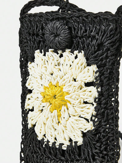 Beach Chic: Crochet Color Block Flower Crossbody Bag for Summer Vacations