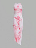 Front product view of pink marbled sleeveless fitted maxi dress