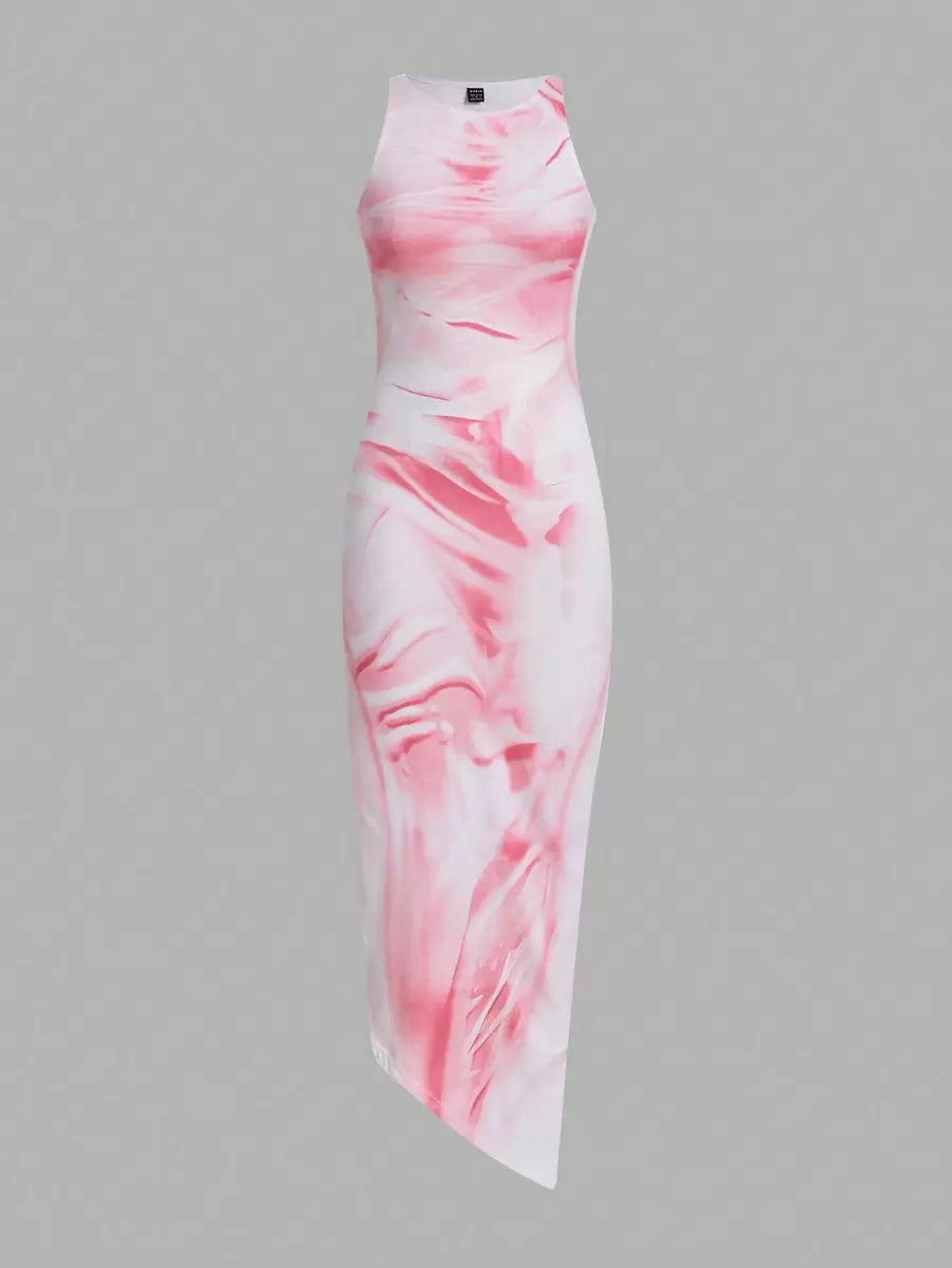 Front product view of pink marbled sleeveless fitted maxi dress