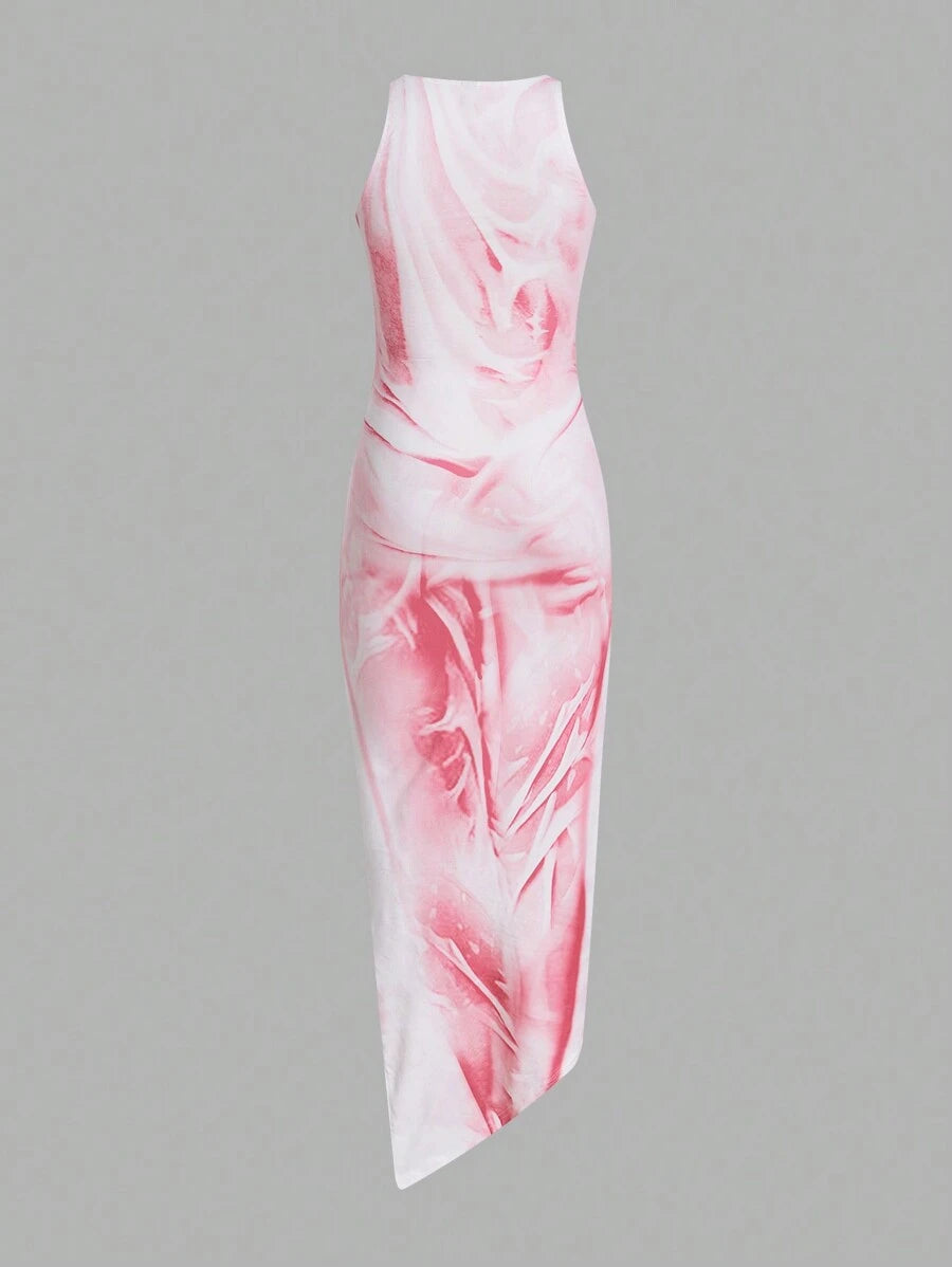 Back product view of pink tie-dye fitted maxi dress