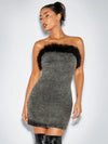 Chic Feather-Trimmed Denim Bodycon Dress for Effortless New Year's Eve Glam