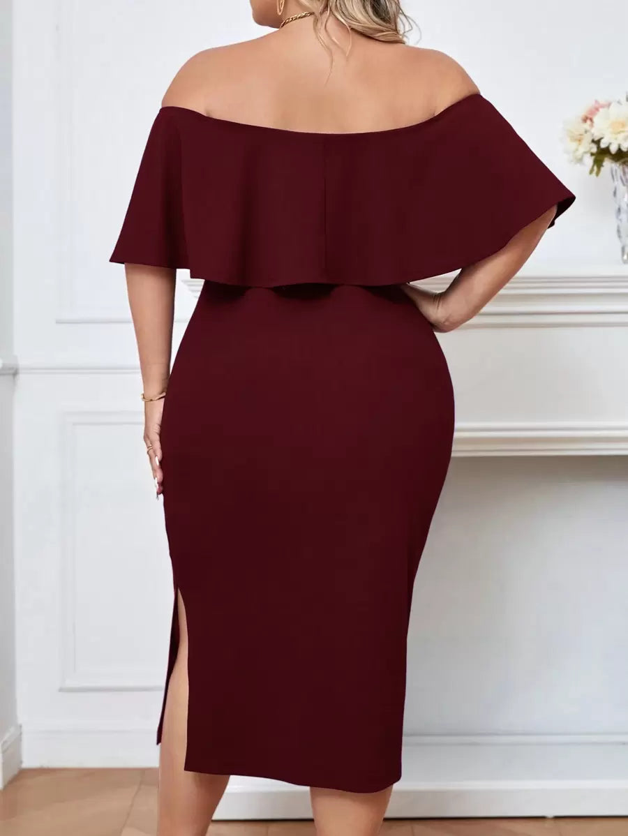 Make a statement in this stunning plus-size dress that's all about confidence and flair! The off-shoulder neckline frames your shoulders beautifully, while delicate ruffle trim adds a touch of romance. A daring split thigh keeps things fun and flirty, perfect for weddings, parties, or any occasion where you want to turn heads. Designed for curves and crafted for comfort, this dress celebrates your style with elegance and personality. Slip it on and own the room!