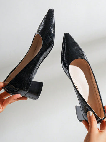 Stone Pattern Light Blue Autumn Shallow Mouth Pumps with Chunky Heel - Women's Fashion