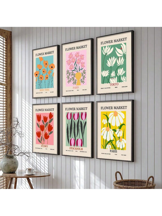 Enhance your modern home decor with Vintage Paradise's Set of 6 Retro Flower Market Poster Canvas Prints. These high-quality prints feature beautiful vintage designs that will add a touch of nostalgia to any room. Each print is carefully crafted on canvas for a timeless look that will last for years to come.