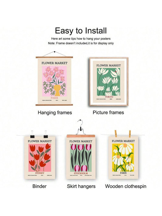 Vintage Paradise: Set of 6 Retro Flower Market Poster Canvas Prints for Modern Home Decor