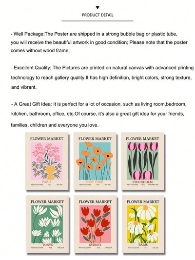 Vintage Paradise: Set of 6 Retro Flower Market Poster Canvas Prints for Modern Home Decor