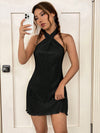 Chic Criss-Cross Halter Neck Lettuce Trim Dress - Effortlessly Elegant!