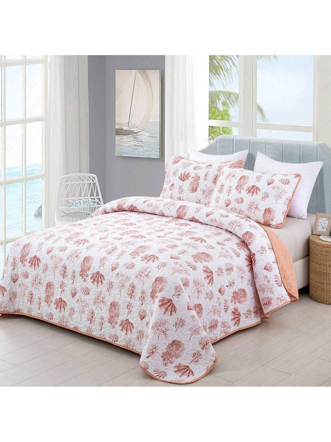 Blush Ocean Starfish Coastal Coral Quilt Set - King Size 3-Piece Lightweight Microfiber Bedding Set