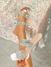 White Crystal Chunky Heel Mule Sandals: Shimmering Sequin Decoration for Parties, Festivals, and Weddings