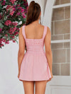 Lace Elegance: Square Neck Pink Dress with Ruched Bust