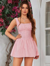 Lace Elegance: Square Neck Pink Dress with Ruched Bust