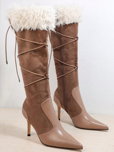 Stylish Statement: Women's Contrasting Color Pointed Toe Mid-Calf Boots