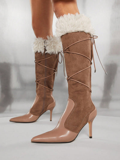 Stylish Statement: Women's Contrasting Color Pointed Toe Mid-Calf Boots