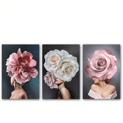 Modern Floral Lady Posters: Pink & White Canvas Art Set for Living Room Wall Decor