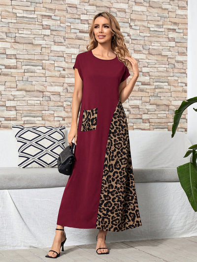 Stylish Summer Dress: Leopard Print and Floral Batwing Sleeve Patchwork Pocket Dress