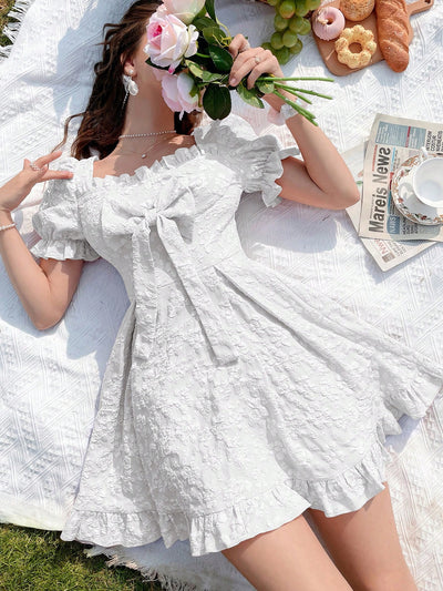 Blooming Elegance: Square Neck Bow Front Floral Jacquard Dress