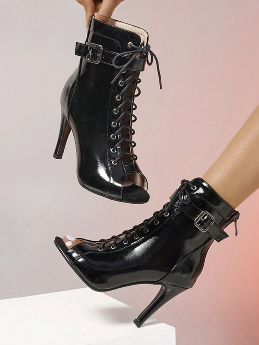 Step into the spotlight with these Elegant White High Heel Dance Boots! Featuring a chic pointed toe and a playful lace-up design paired with a convenient zipper, they combine style and ease. The high heel adds graceful height, perfect for turning heads on the dance floor or any special occasion. Dance your way with confidence and flair in boots that blend elegance with a fun twist.