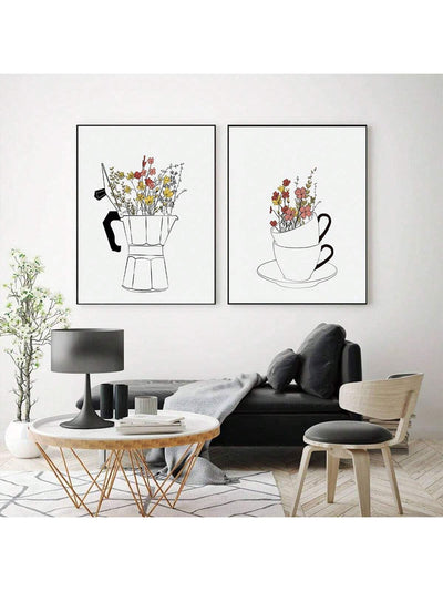 Chic Nordic Canvas Art Set: Coffee Cup & Floral Prints for Stylish Home Decor