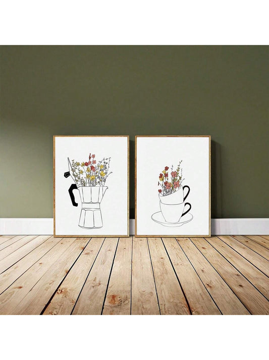 Chic Nordic Canvas Art Set: Coffee Cup & Floral Prints for Stylish Home Decor