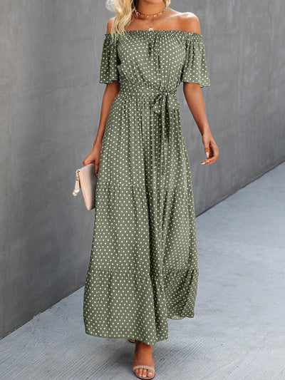 Chic Polka Dot Off-the-Shoulder Belted Dress for Effortless Elegance