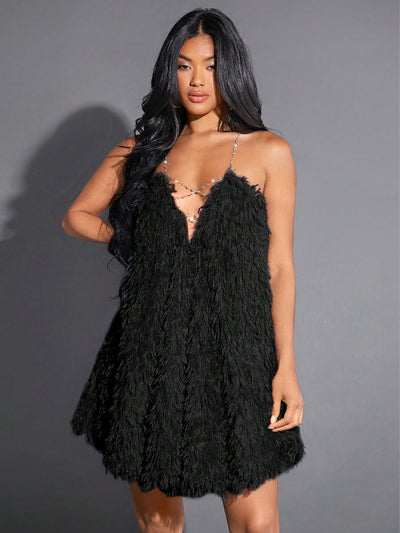 Flirty and Fabulous: Ladies Chain Cross Backless Furry Dress