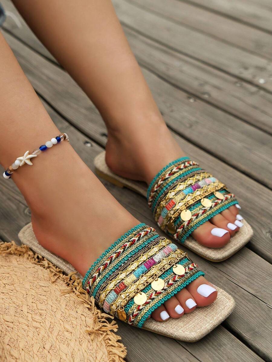 Image 1 - front view of Bohemian Green Chain Embroidery Flat Sandals for Summer Vacations