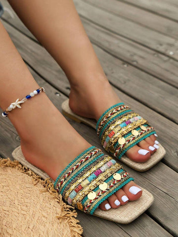 Image 1 - front view of Bohemian Green Chain Embroidery Flat Sandals for Summer Vacations
