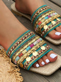 Image 4 - detail view of Bohemian Green Chain Embroidery Flat Sandals for Summer Vacations