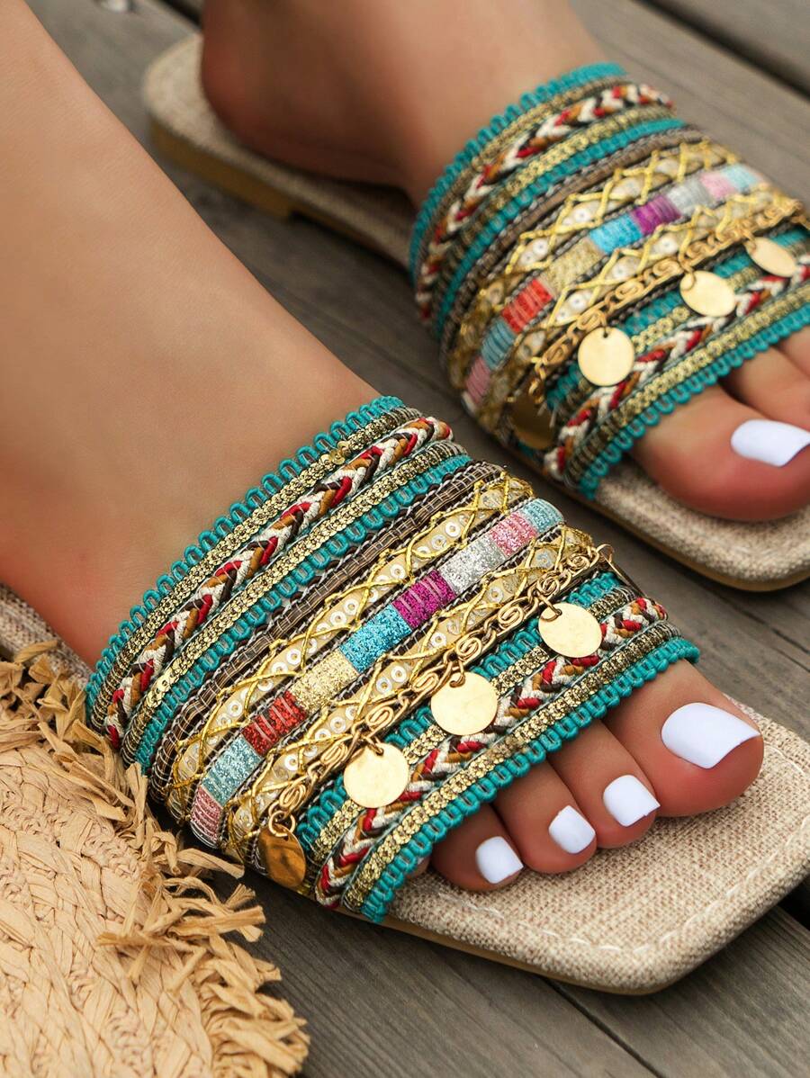 Image 4 - detail view of Bohemian Green Chain Embroidery Flat Sandals for Summer Vacations