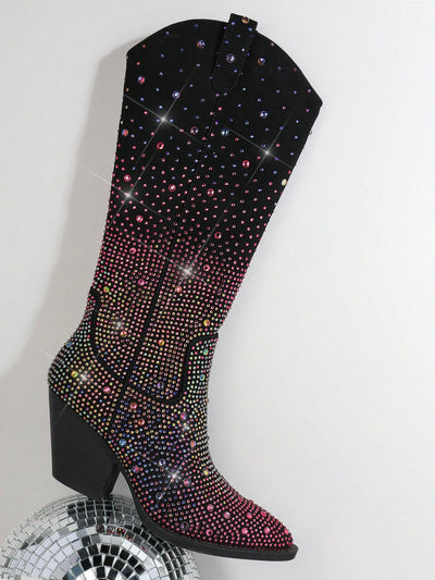 Sparkling Style: Women's Mid-Calf Boots With Rhinestone Decoration