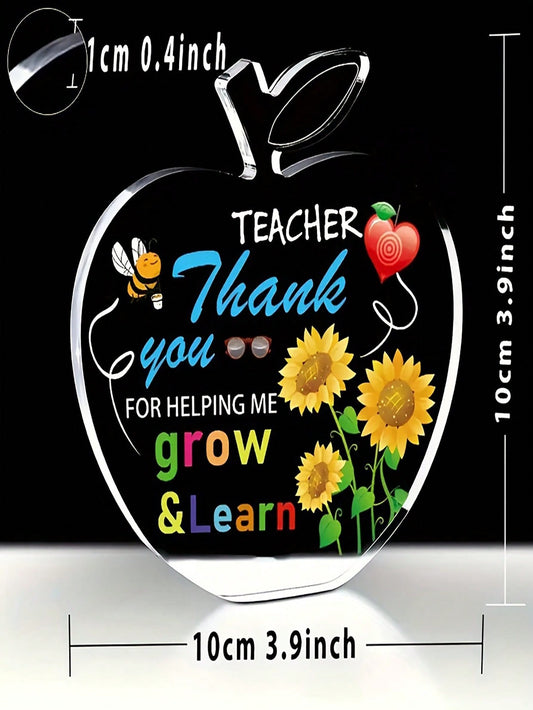 Acrylic Apple Shaped Teacher Appreciation Plaque - Thank You For Helping Me Grow and Learn