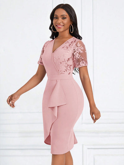 Sequin Sparkle: Lady Contrast Sleeve Ruffle Trim Bodycon Dress