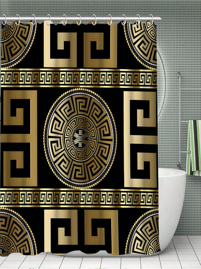 Geometric Pattern Printed Bathroom Set: Waterproof Shower Curtain with 12 Hooks