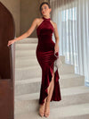 Velvet Halter Dress: Elegant High Slit and Ruffle Detailing