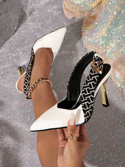 Elegant Color Block Party Shoes - Buckle Strap High Heel Single Shoes with Pointed Toe Detail