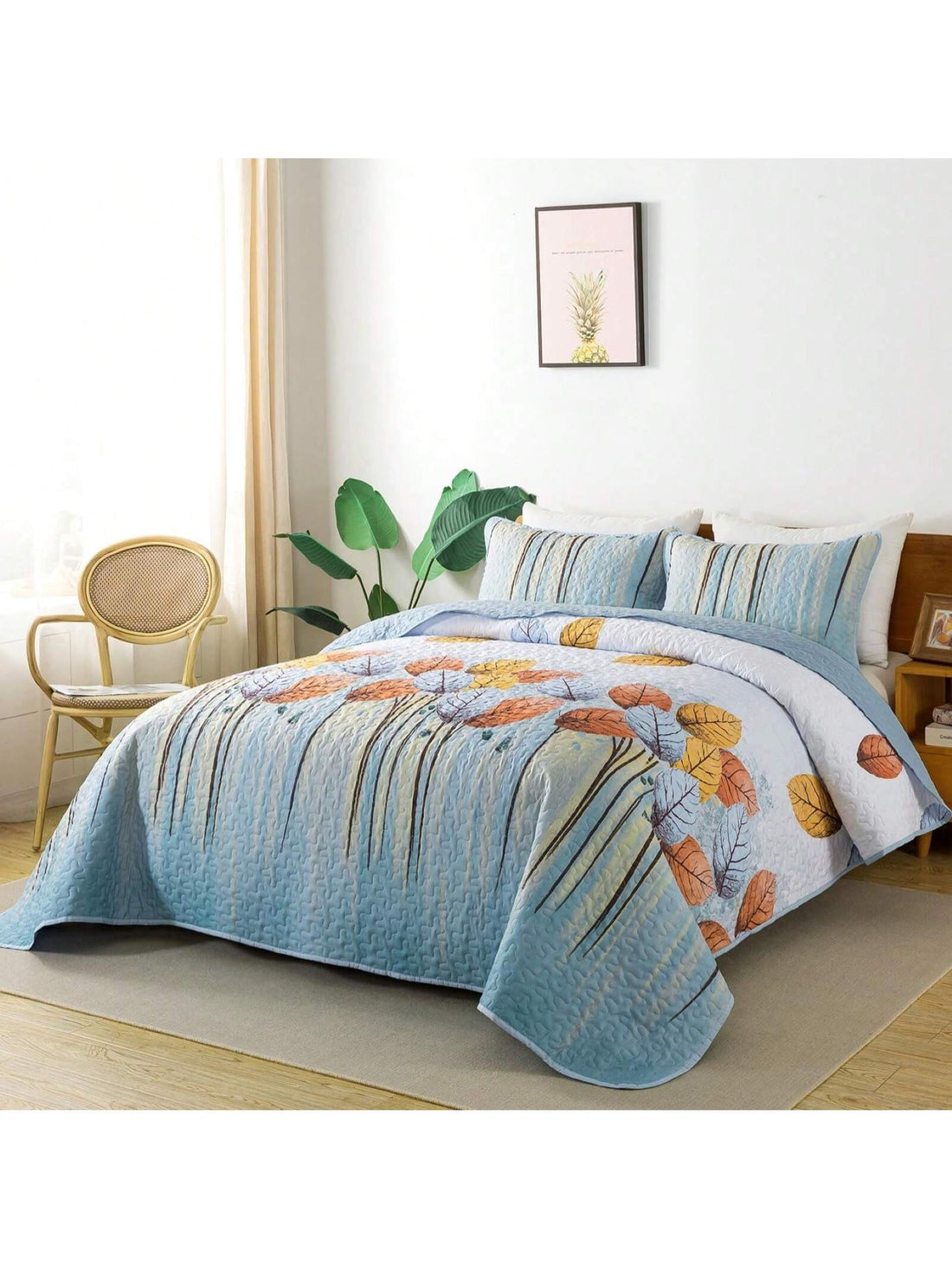 Botanical Bliss: Queen Size Colorful Leaves Quilt Set with Pillow Shams