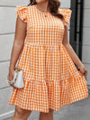 Chic Plus Size Gingham Flare Sleeve Summer Dress with Round Neck