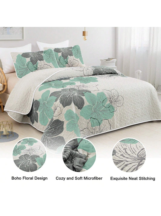 Green Floral Boho King Quilt Set: 3-Piece Bedding Coverlet with Pillowcases & Microfiber Bedspread